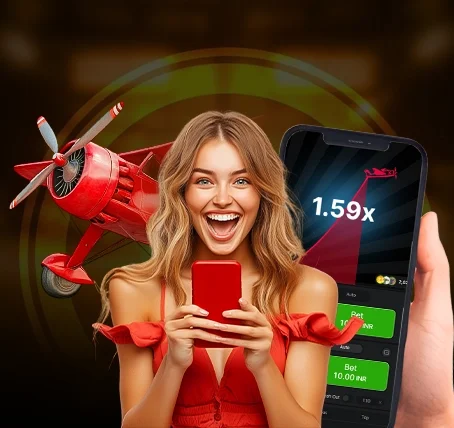 Woman smiling while using a mobile app with airplane animation in background