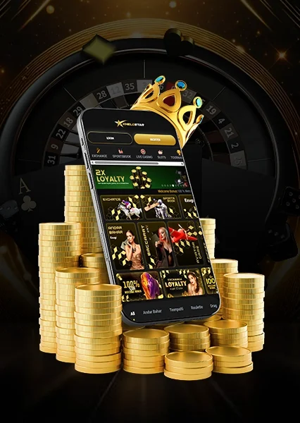 Smartphone displaying game options surrounded by stacked gold coins, crown, and text about welcome offers and free spins