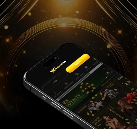 Khelostar website displayed on a smartphone with glowing effects