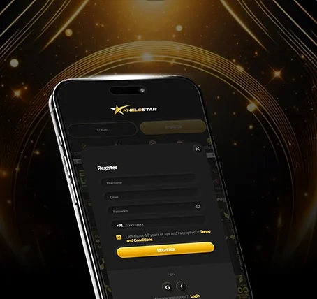 Khelostar registration screen with form fields and register button.
