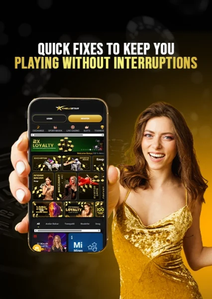 Smiling woman in gold dress holding a smartphone showing game options with text about uninterrupted play support