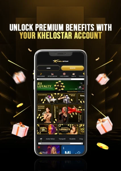 Mobile screen displaying game options with floating gift boxes and coins, promoting premium account benefits