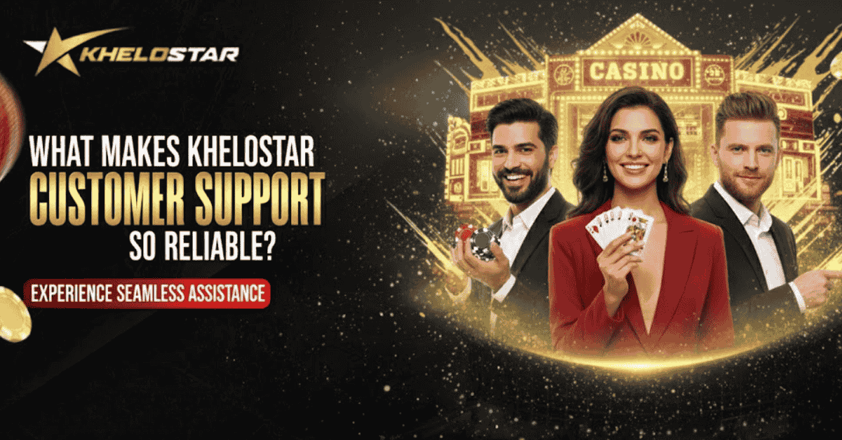 Khelostar customer support banner featuring casino gaming with professional support team and golden casino building backdrop.