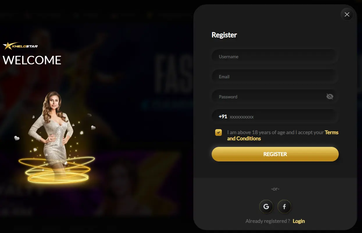 Woman in silver dress on golden rings with Khelo Star registration form showing welcome message