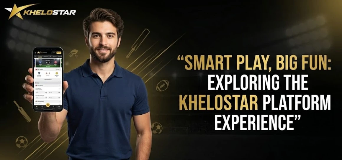 Man holding smartphone displaying Khelostar app interface next to Smart Play Big Fun text for online platform blog.