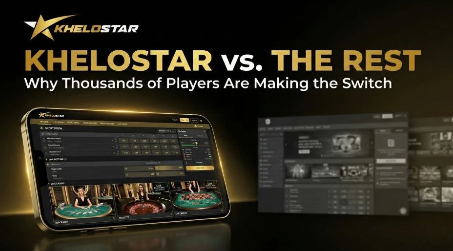 Smartphone displaying Khelostar sportsbook and live casino interface in a premium gold theme compared against a blurred background of outdated betting platforms.