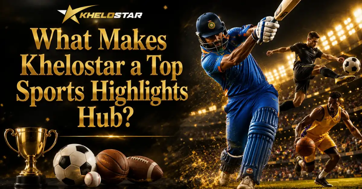 Khelostar promotional graphic featuring a gold trophy, sports balls, and action shots of cricket, soccer, and basketball players.