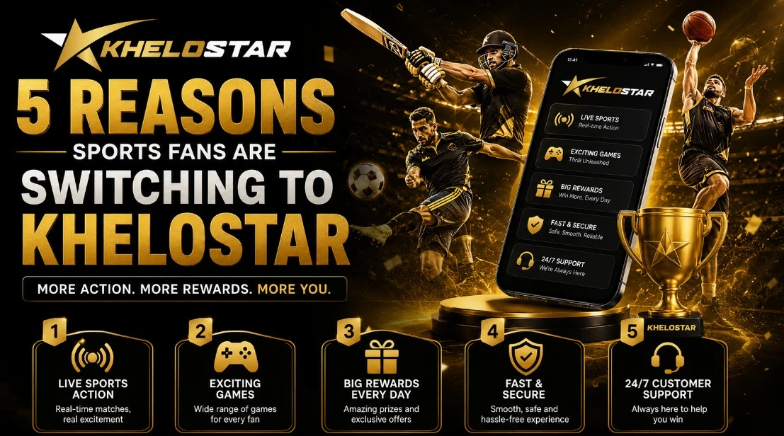 Khelostar sports platform banner highlighting five reasons sports fans are switching to Khelostar for live sports updates, mobile access, match highlights, rewards, and a seamless user experience.