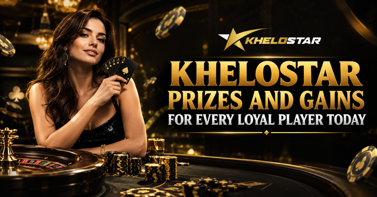 Gold and black gaming-themed banner with a phone, gaming chips, and a spin wheel, featuring the Khelostar logo and text "Khelostar's Upcoming Sports Events You Can't Miss."