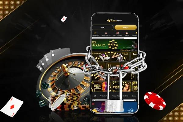 Smartphone secured with a chain and lock, surrounded by gaming elements, emphasizing the importance of not sharing OTPs