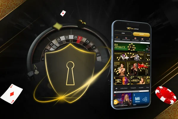 Shield with keyhole next to a smartphone screen, surrounded by playing cards and chips, emphasizing the importance of using trusted sites