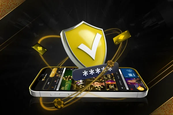 Shield icon over smartphones with a checkmark, emphasizing the importance of using strong passwords for account safety